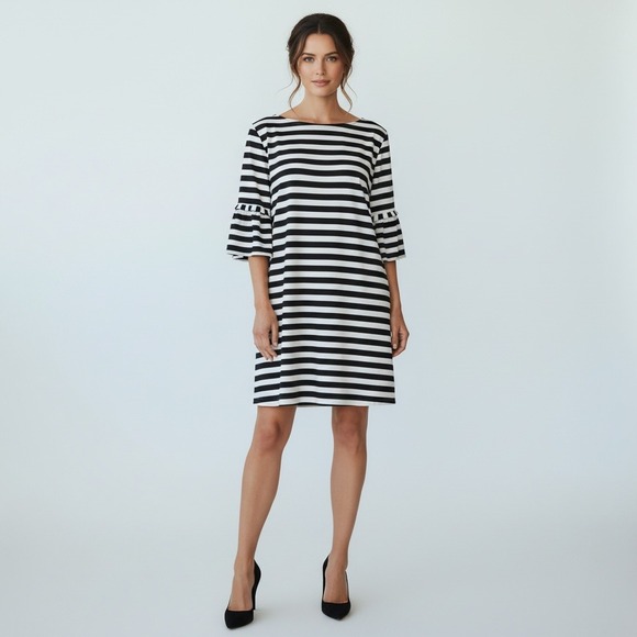 Gianni Bini Dresses & Skirts - NWT Gianni Bini Black Ivory Striped Dress Bell Sleeve Lined Shift Women's L